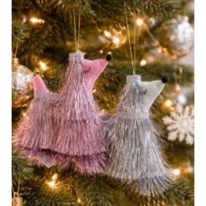 2 Winter Magic Poodle Tinsel Festive Pink Silver Metallic Christmas 6”Ornaments